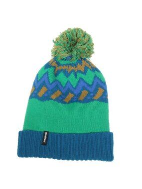 PATAGONIA Youth Blue Green Ochre Zig Zag Pom Ski Hat